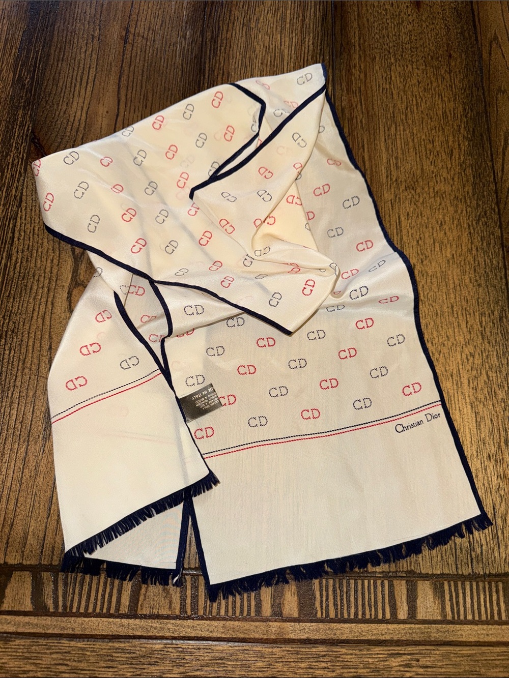 Dior White, Red, & Navy Silk Logo Scarf vintage 1970’s